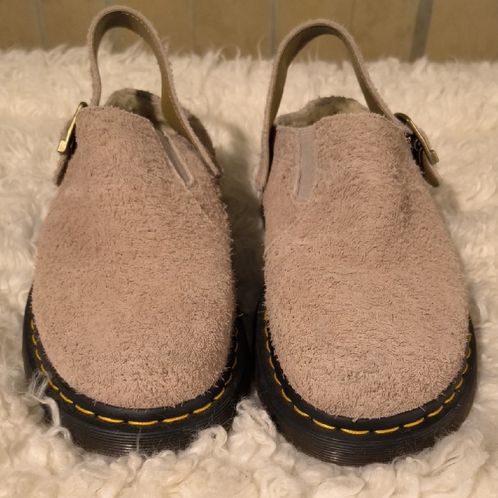 Dr. Martens Isham Faux Shearling Lined Suede Slingback Mules,Vintage Taupe Sz 10